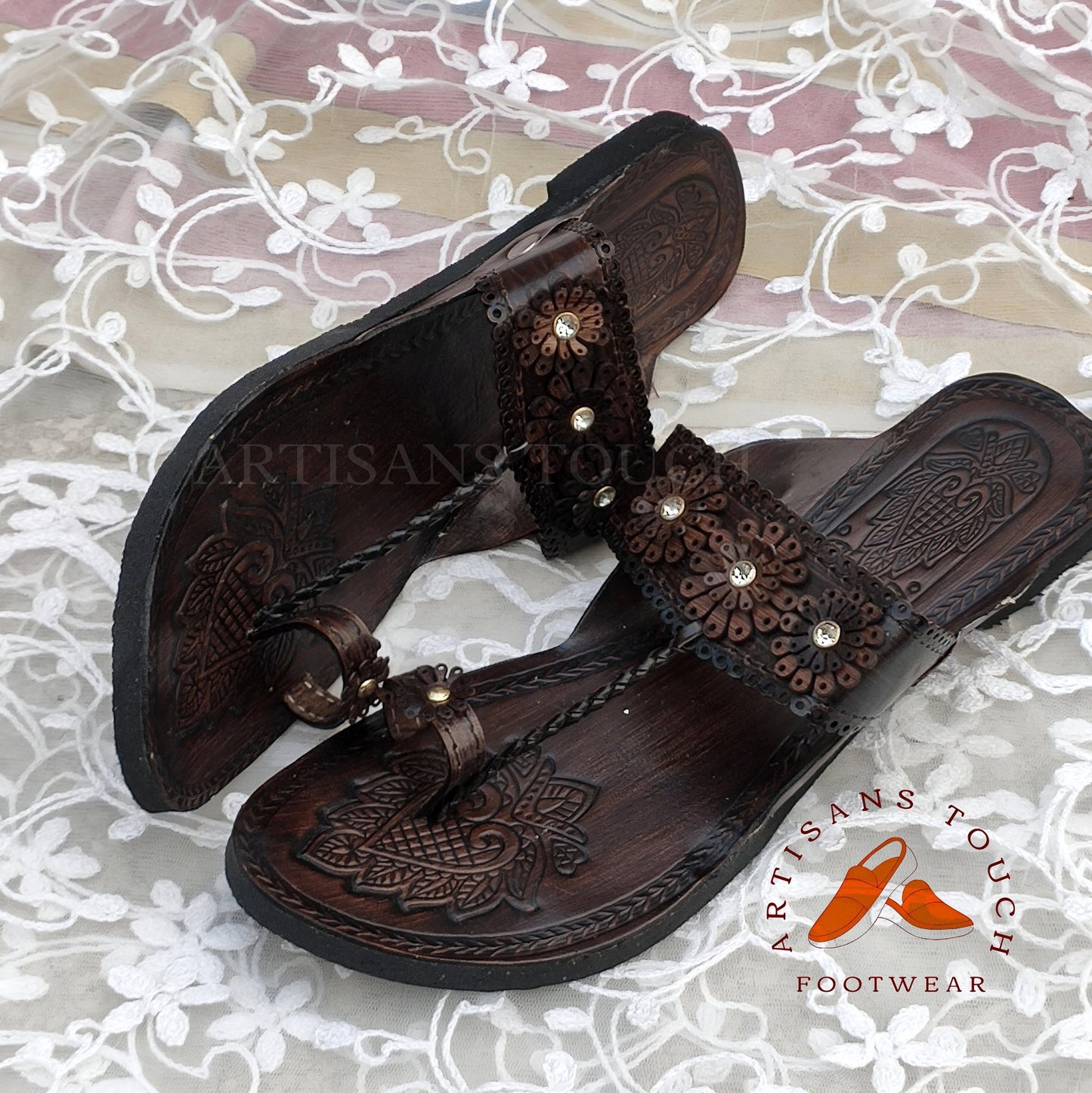 Brown Genuine Leather Handmade Kolhapuri Slip On Sandals for Women, Bridesmaid slippers, Ethnic Flats, Wedding Slippers, Gift for Girlfriend