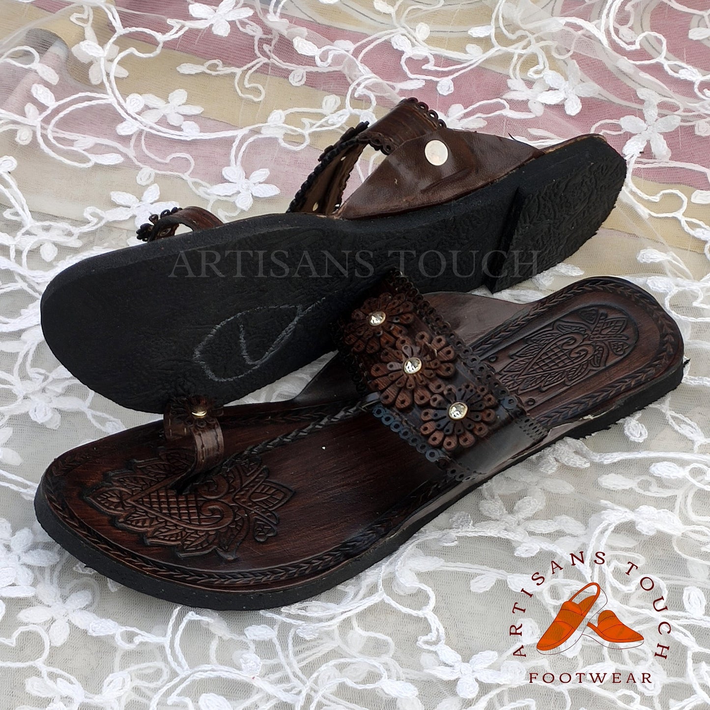 Brown Genuine Leather Handmade Kolhapuri Slip On Sandals for Women, Bridesmaid slippers, Ethnic Flats, Wedding Slippers, Gift for Girlfriend