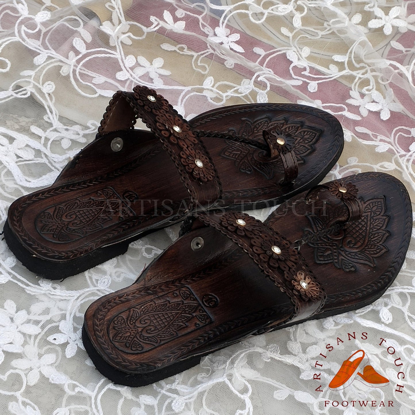 Brown Genuine Leather Handmade Kolhapuri Slip On Sandals for Women, Bridesmaid slippers, Ethnic Flats, Wedding Slippers, Gift for Girlfriend