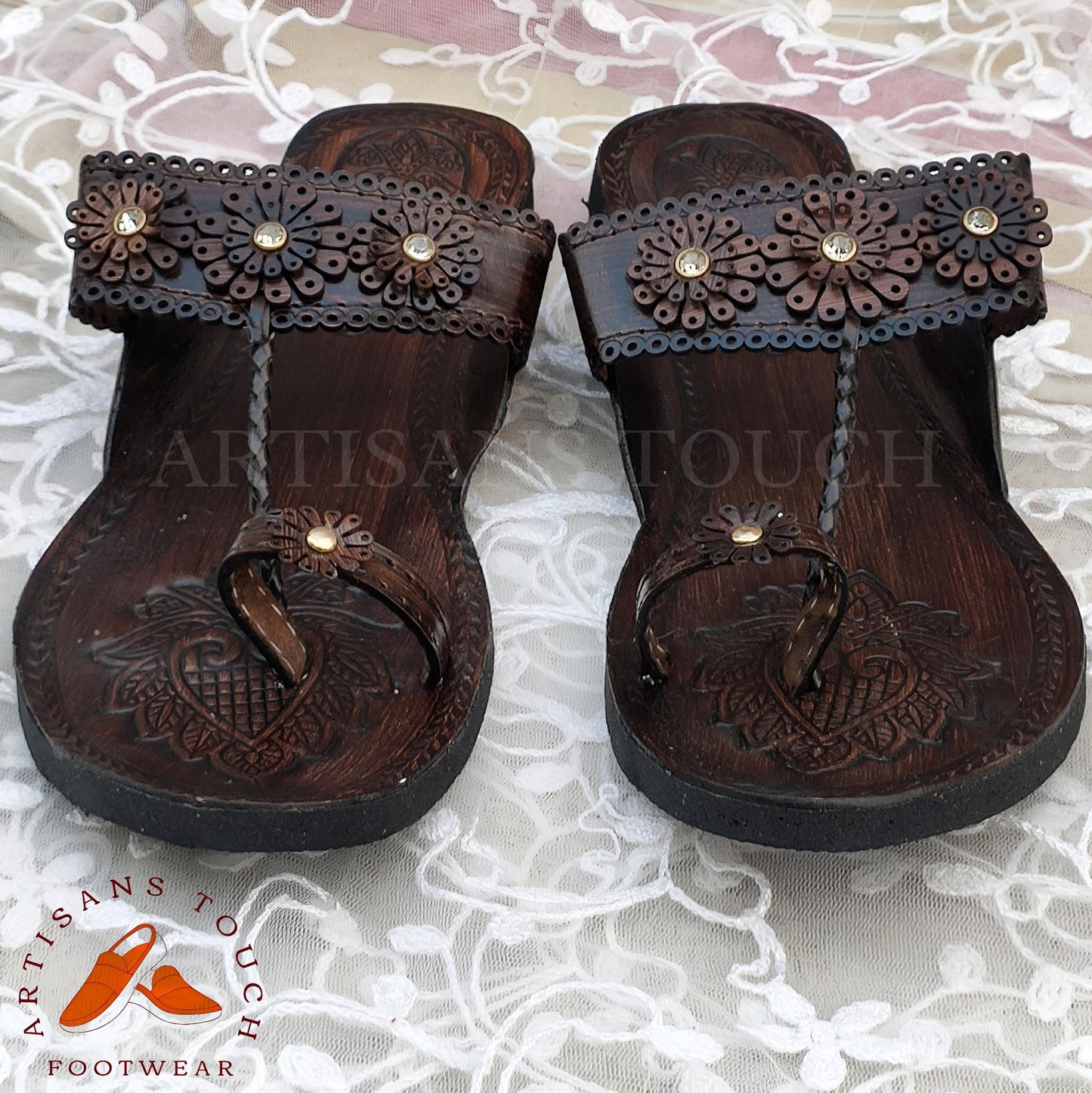 Brown Genuine Leather Handmade Kolhapuri Slip On Sandals for Women, Bridesmaid slippers, Ethnic Flats, Wedding Slippers, Gift for Girlfriend