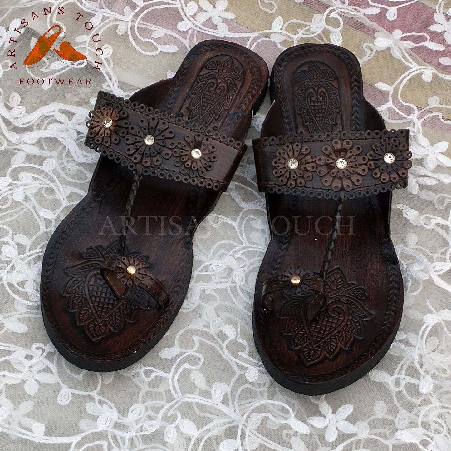 Brown Genuine Leather Handmade Kolhapuri Slip On Sandals for Women, Bridesmaid slippers, Ethnic Flats, Wedding Slippers, Gift for Girlfriend