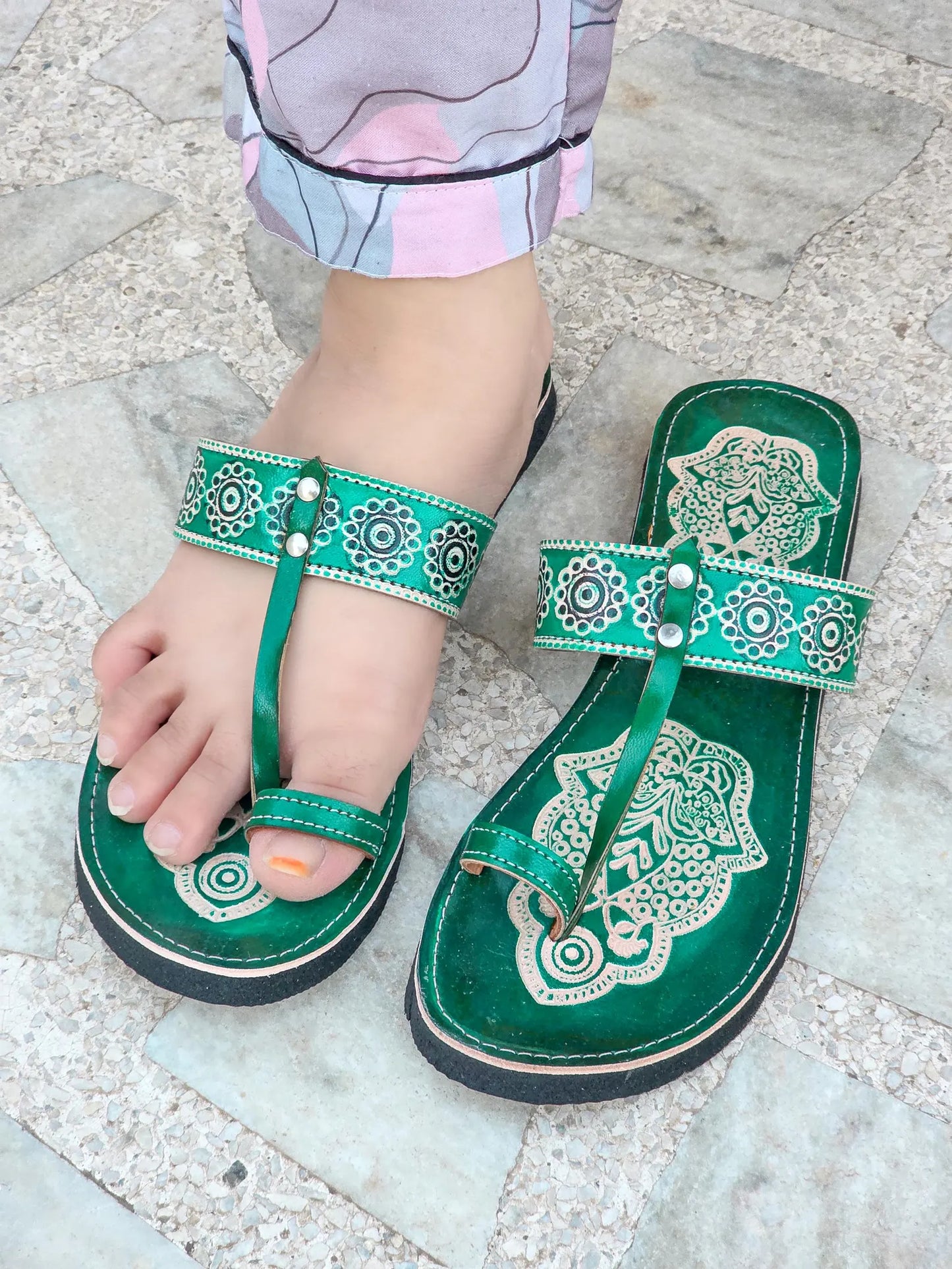 Indian Leather Sandals for Womens, Green Summer Sandals
