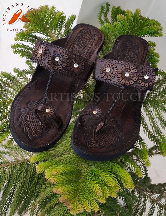 Brown Genuine Leather Handmade Kolhapuri Slip On Sandals for Women, Bridesmaid slippers, Ethnic Flats, Wedding Slippers, Gift for Girlfriend