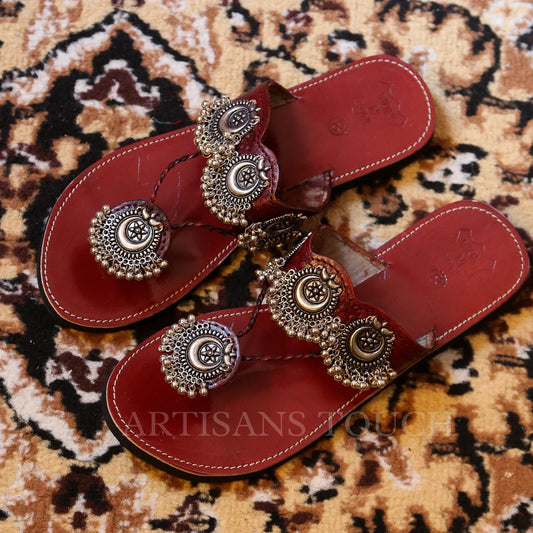 Red Leather Sandal, Engraved leather, Flip-flops, jewellery Sandals